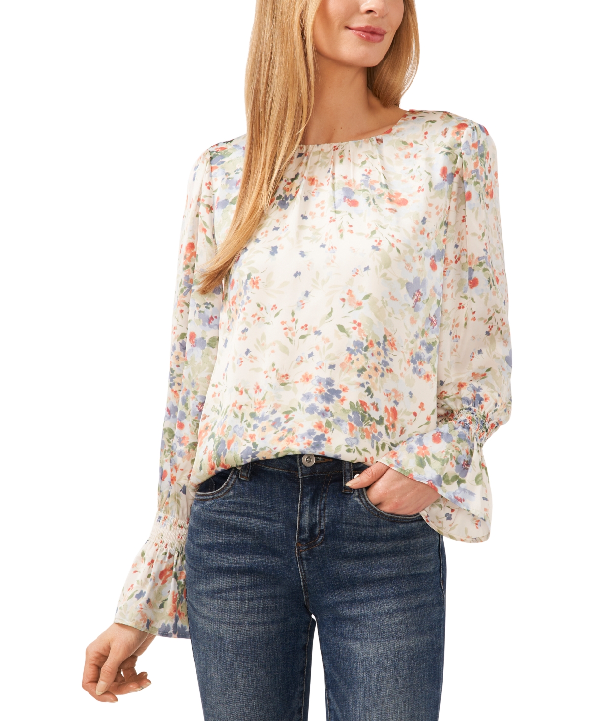 Women's Floral Print Smocked Cuff Blouse - Egret