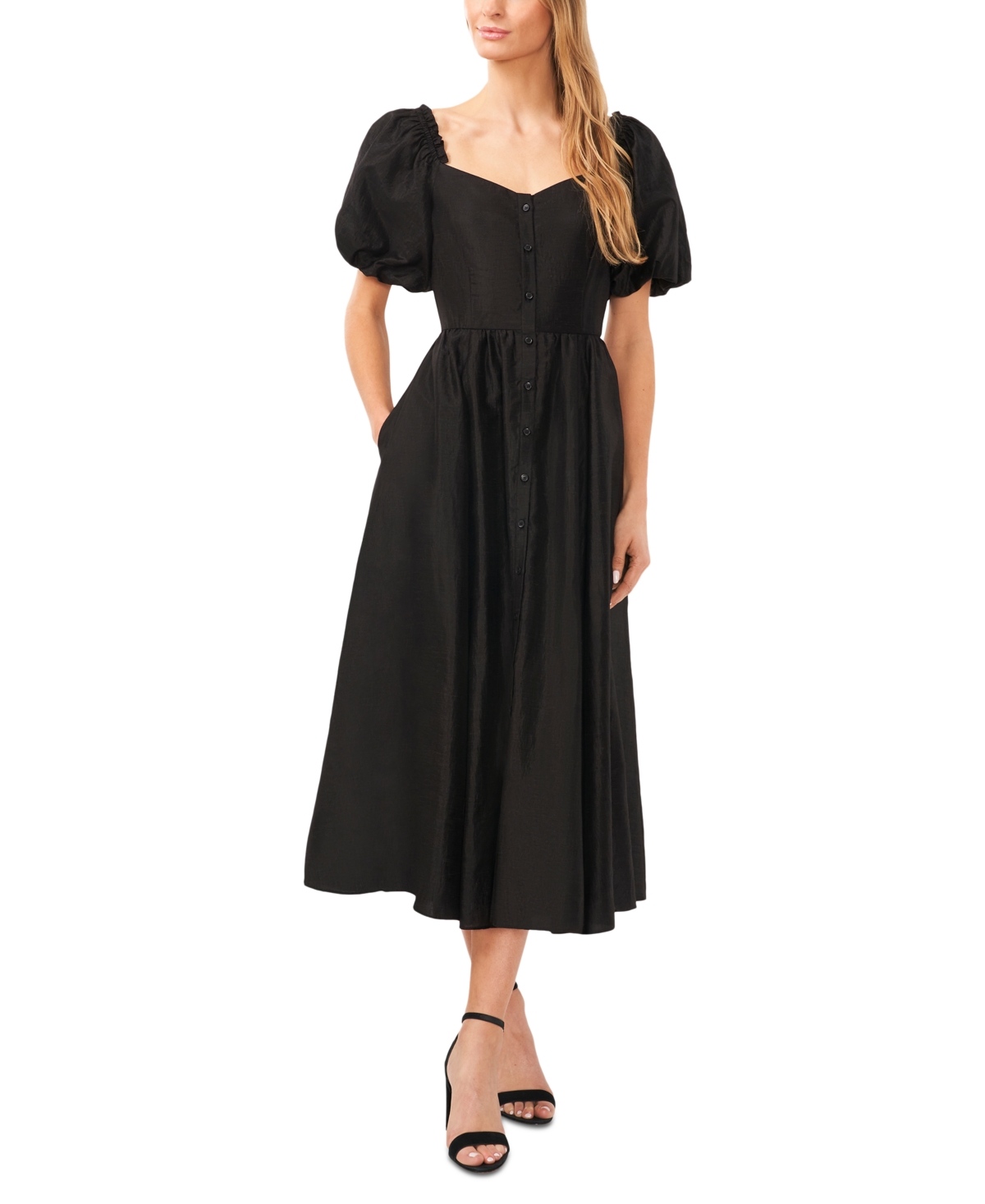 Shop Cece Women's V-neck Short Puff-sleeve Button Front Midi Dress In Rich Black