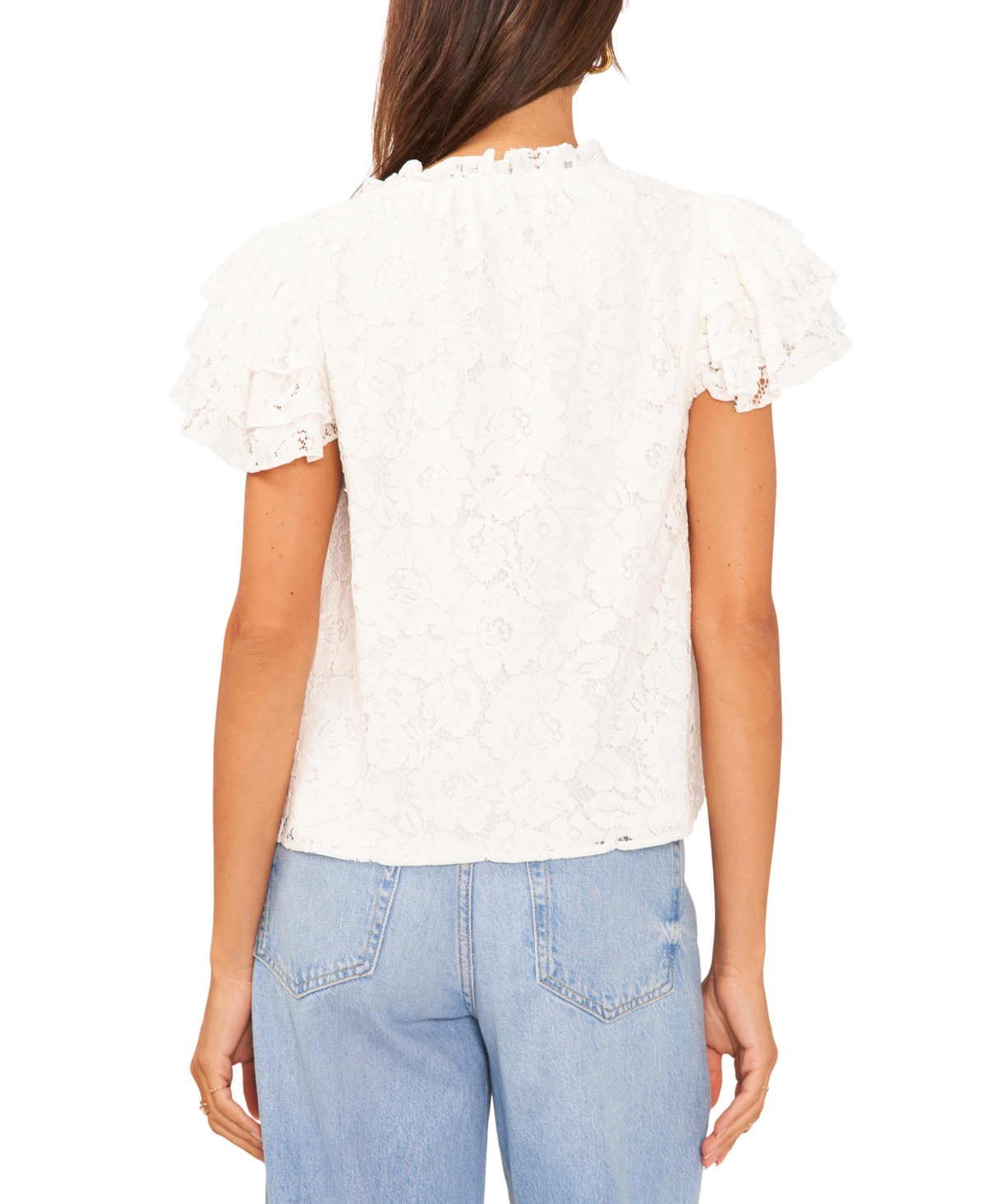 Shop 1.state Women's Lace Tie Neck Short Flutter-sleeve Blouse In New Ivory