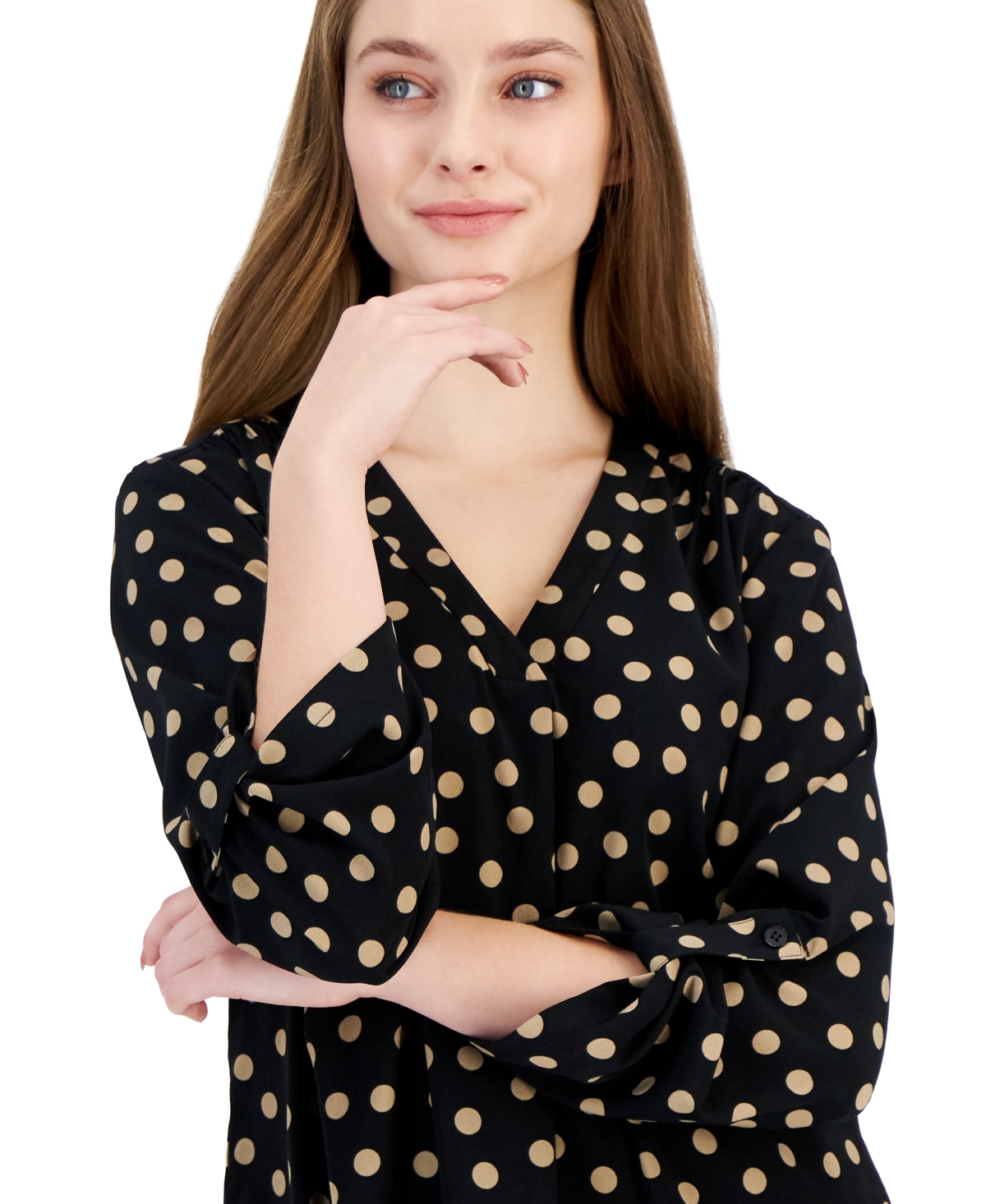 Ak Anne Klein Petite Polka-Dot Pleated Tunic -latte Dot