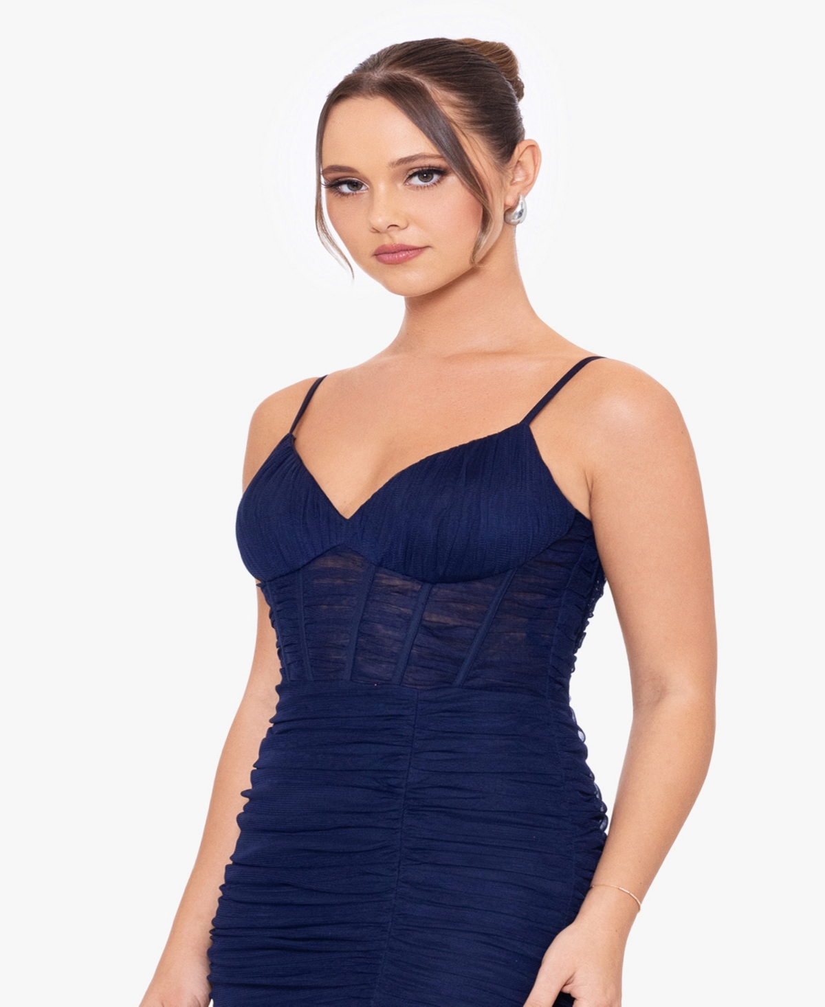 Shop Blondie Nites Juniors' Ruched Sweetheart-neck Corset Gown In Navy