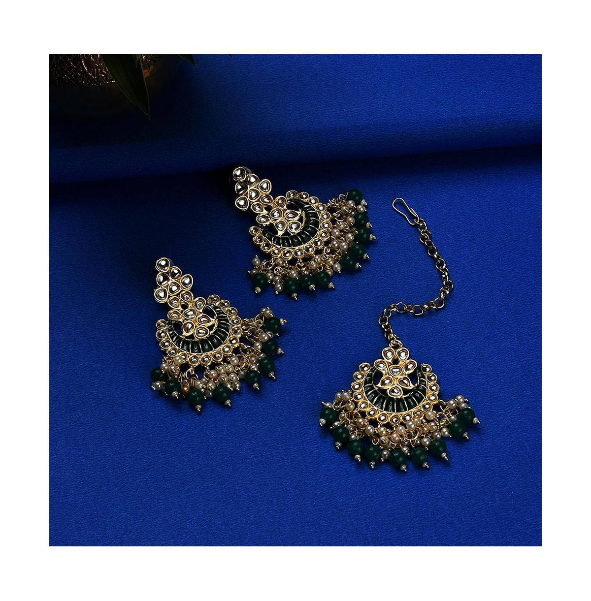 Shop Sohi Women's Green Stone Drop Earrings & Maangtikka Set