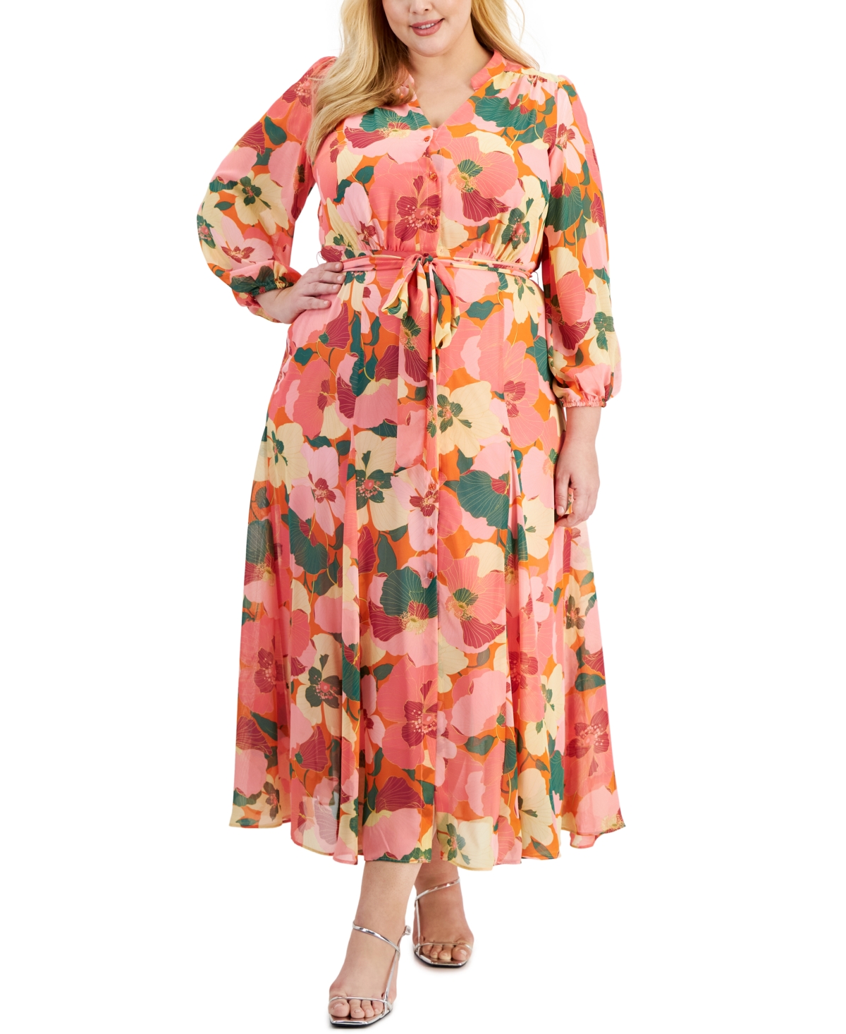 Shop Taylor Plus Size Printed Long-sleeve Tie-waist Maxi Shirtdress In Mauvelous Pink