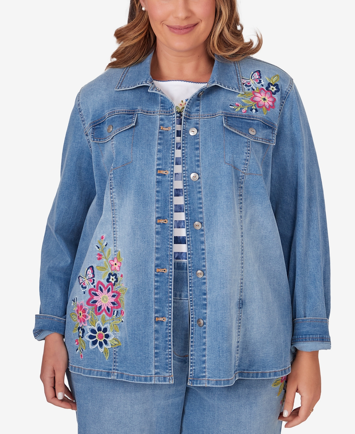 Alfred Dunner Plus Size In Full Bloom Butterfly Embroidered Denim Shirt Jacket In Light Denim