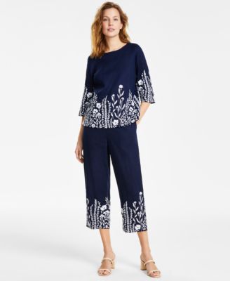 Womens Linen Embroidered 3 4 Sleeve Top Linen Embroidered Cropped Pants Created For Macys