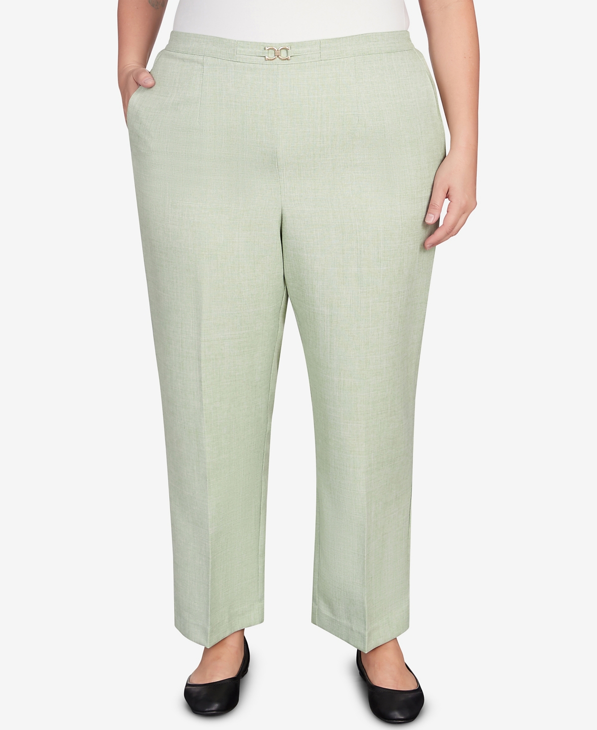 Shop Alfred Dunner Plus Size English Garden Buckled Flat Front Waist Short Length Pants In Sage