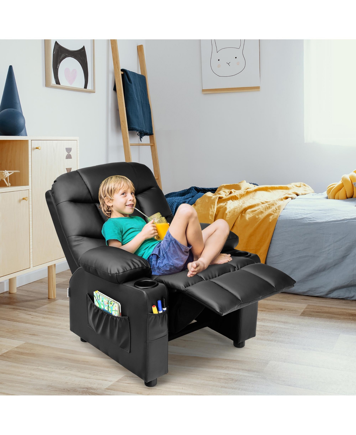 Costway Kids Youth Recliner Chair Pu Leather w/Cup Holders & Side Pockets