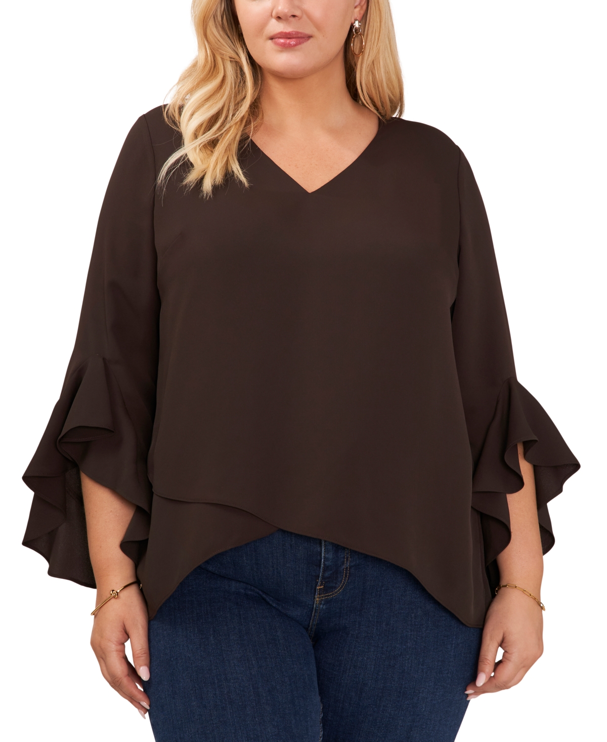 Shop Vince Camuto Plus Size V-neck Flutter Sleeve Blouse In Chocolate Torte