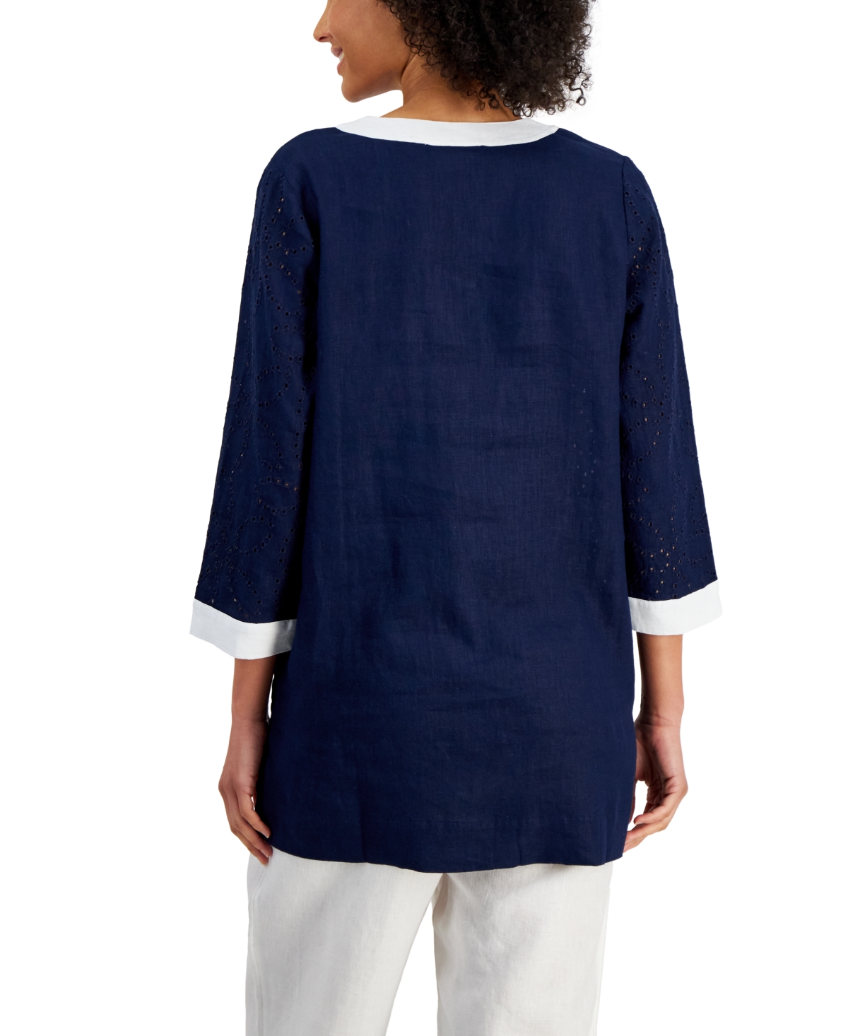 Shop Charter Club Women's 100% Linen Eyelet Contrast-trim Tunic, Created For Macy's In Intrepid Blue