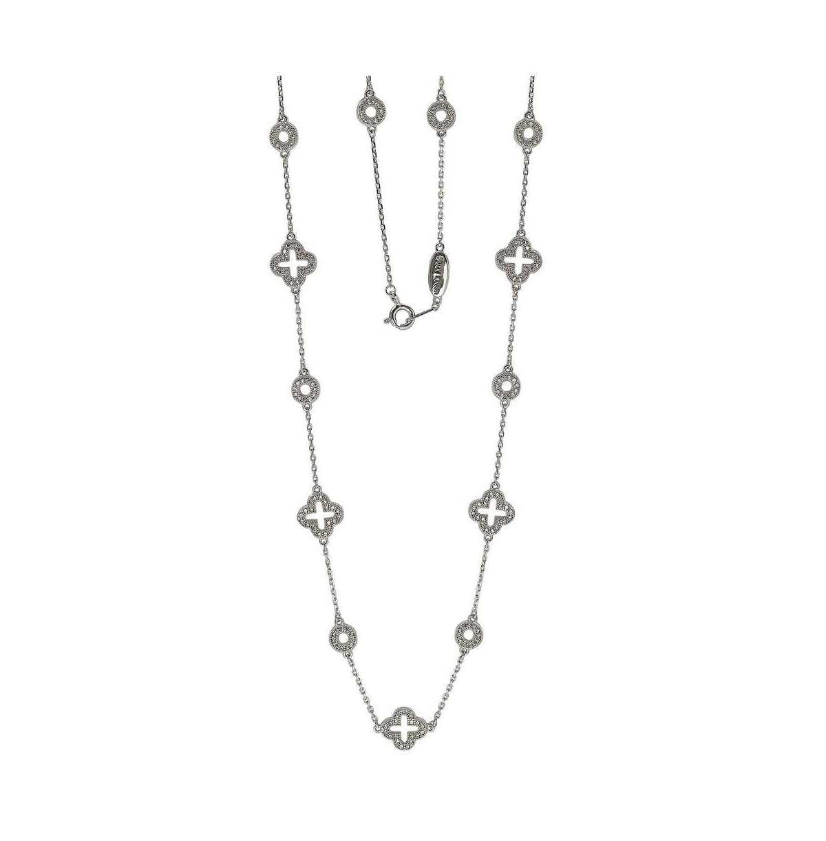 Suzy Levian Sterling Silver Cubic Zirconia Clover & Circle Station Necklace - Silver