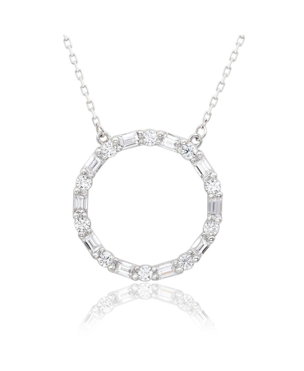 Suzy Levian Sterling Silver Cubic Zirconia Alternating Round & Baguette Open Circle Pendant Necklace - White