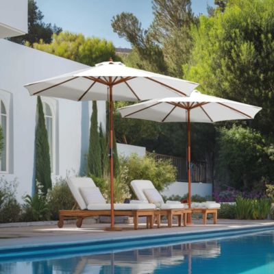 9FT Wooden Patio Umbrella UV30+ for Beach Pool Wedding Party Table Market Garden Yard Hotel Deck Cafe White