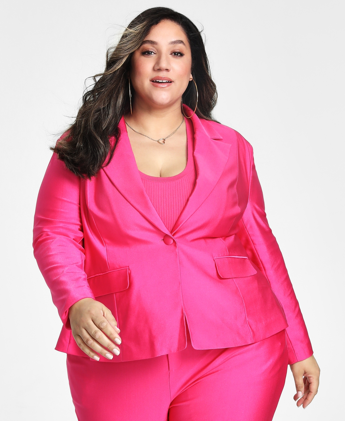 Nina Parker Trendy Plus Size Satin One-button Blazer In Shiny Pink Yarrow