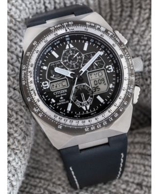 Eco-Drive Men's Chronograph Promaster Skyhawk Black Leather Strap Watch 46mm