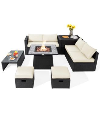 9 Pieces Outdoor Wicker Sectional with 35 Inch Gas Fire Pit Table