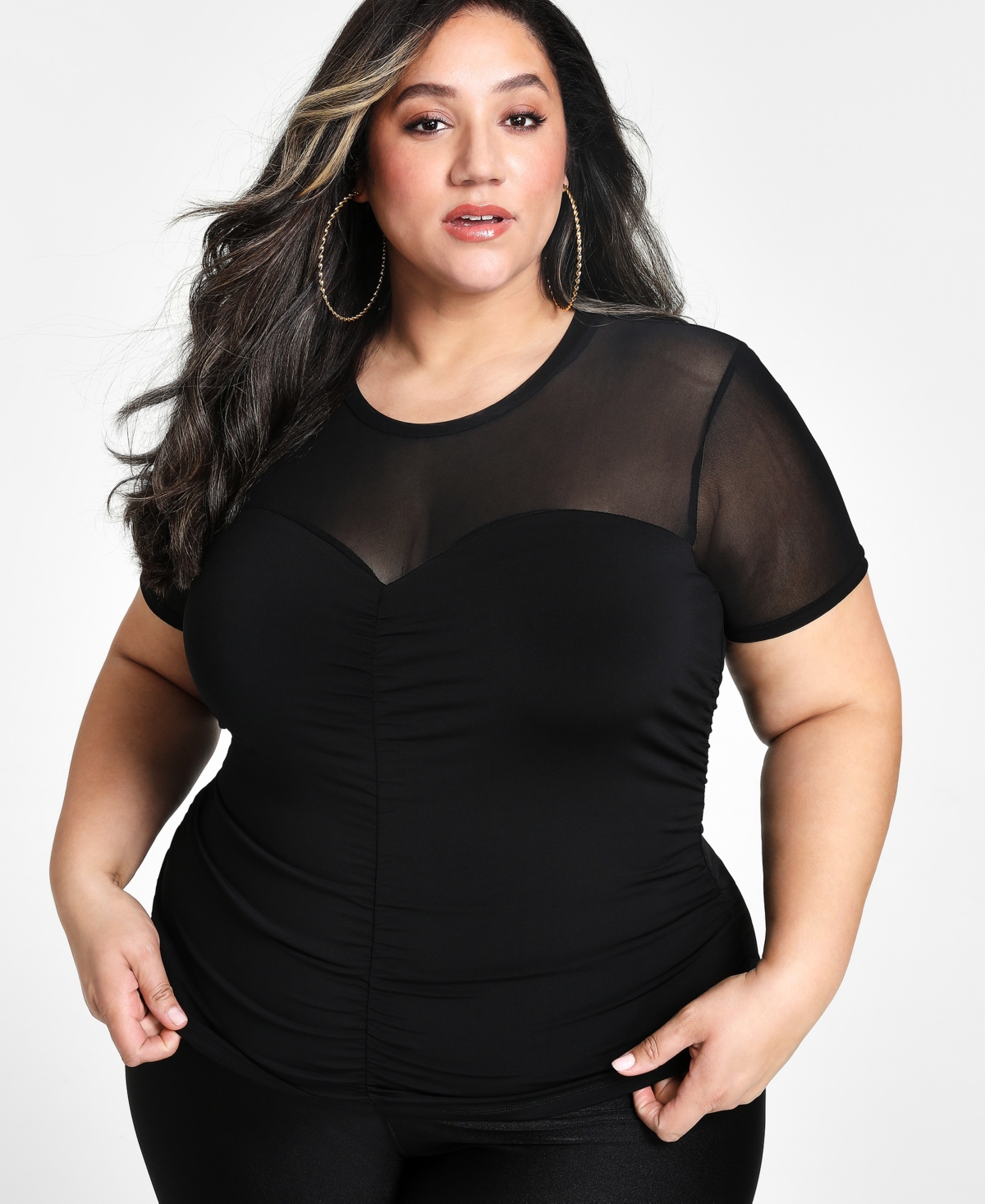 Shop Nina Parker Trendy Plus Size Ruched Knit Top In Black Beauty