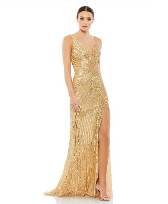 gold color dresses women's dresses Zapaka Women Metallic Satin Prom Dress with Slit A Line Pleated V Neck Long Formal Dress, Golden / UK30 Line Style Fabric Trophy Wife Metallic Gold Dress