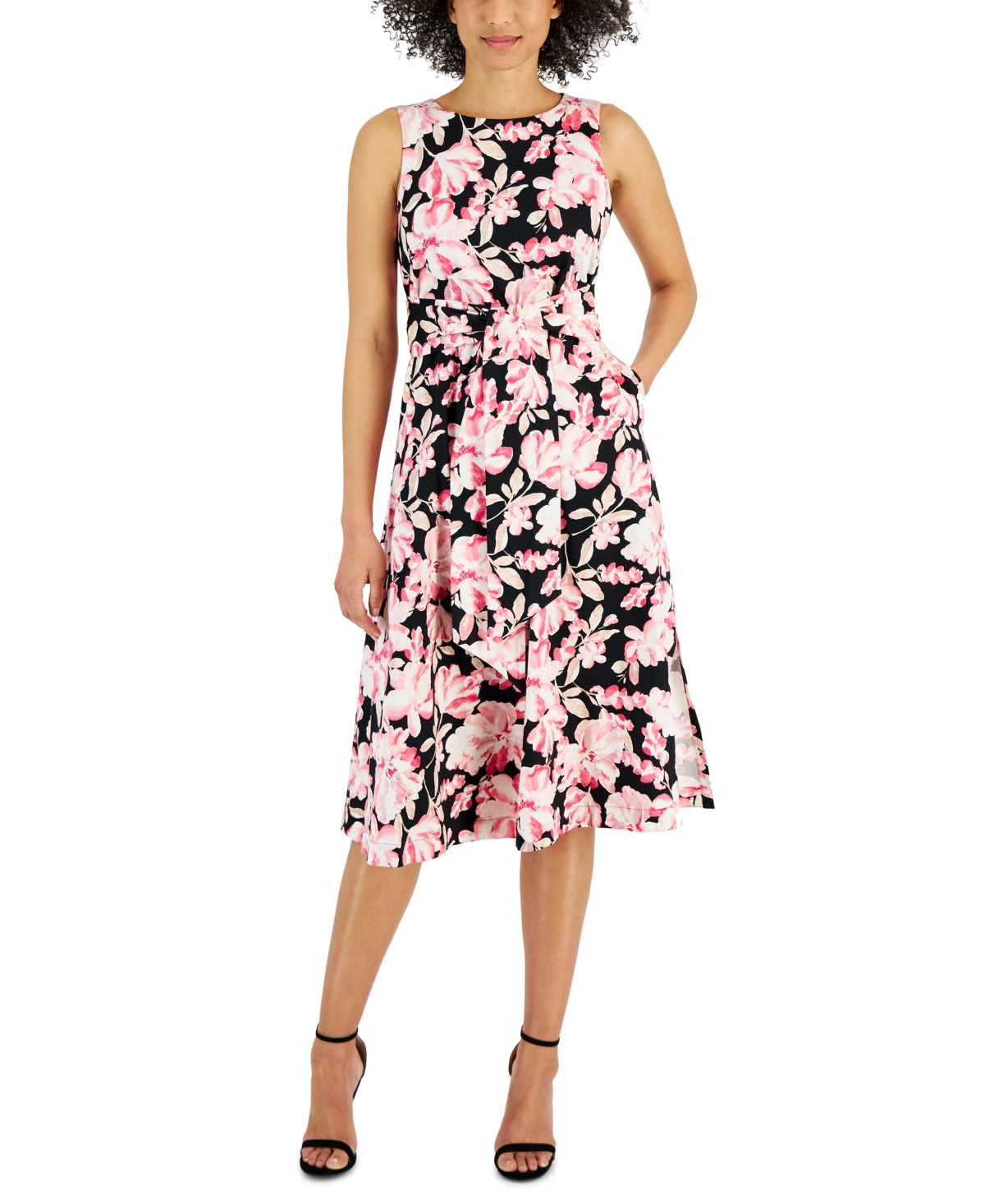 Women's Printed Tie-Front Sleeveless Midi Dress - Camellia/Anne Black Multi