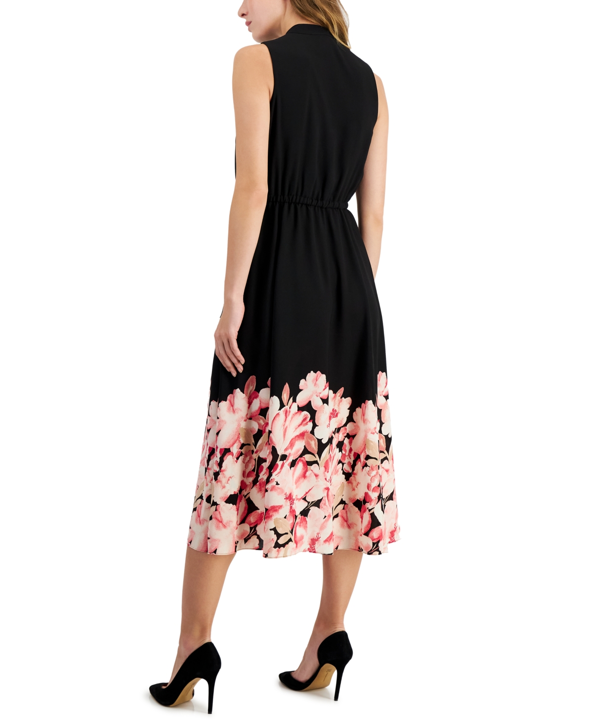 Shop Anne Klein Women's Jenna Floral-hem Drawstring-waist Midi Dress In Anne Black,camellia Multi