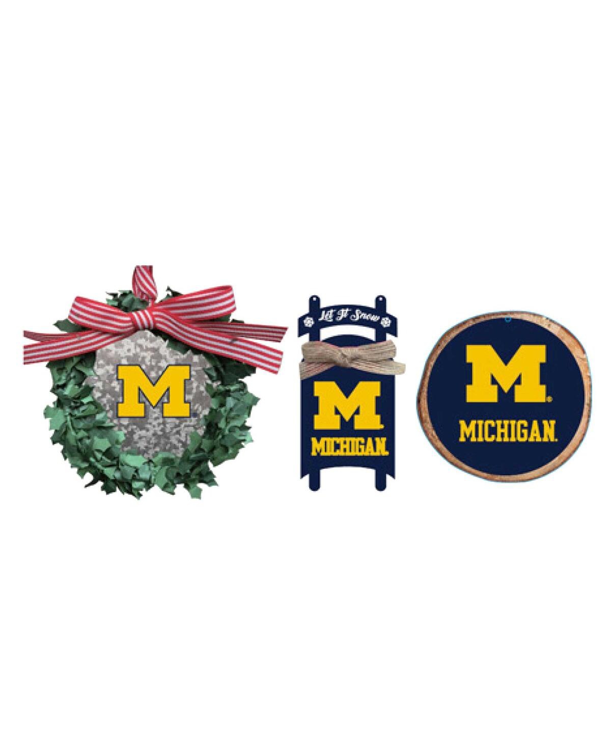 The Memory Company Michigan Wolverines Three-Pack Wreath, Sled and Circle Ornament Set - Multi