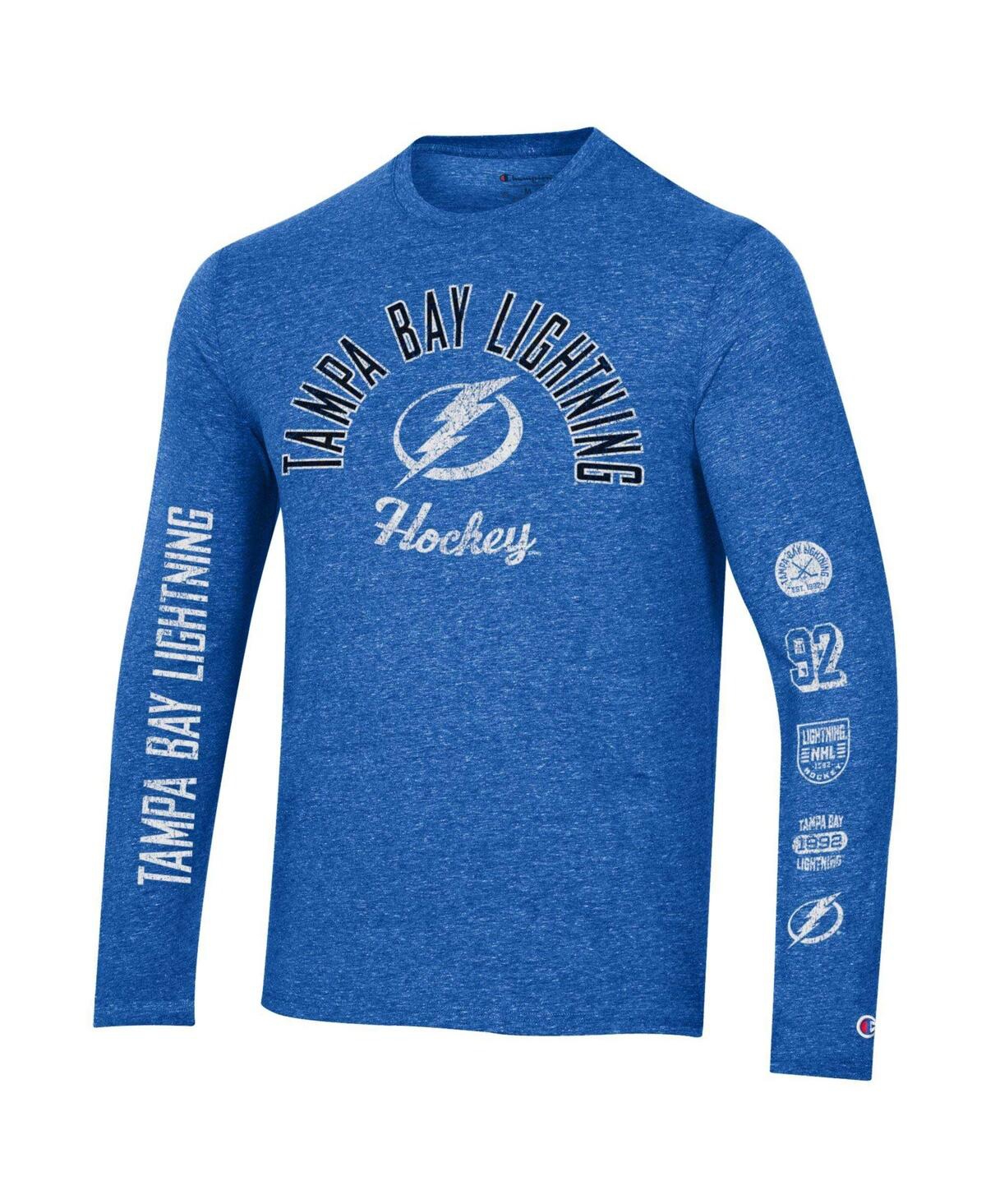 Men's ChampionDistressed Tampa Bay Lightning Multi-Logo Tri-Blend Long Sleeve T-shirt - Heather Blue