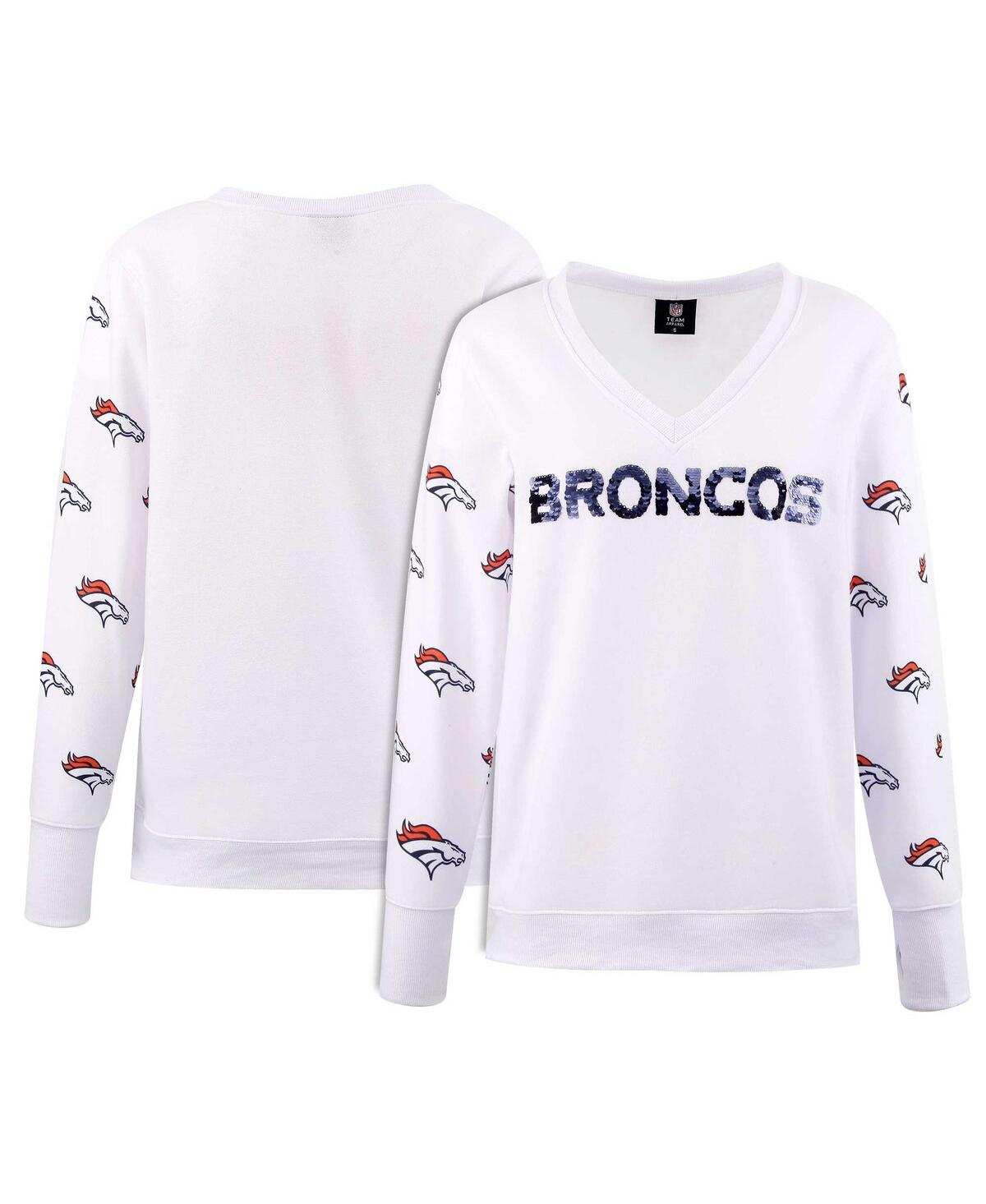 Women's Cuce White Denver Broncos Sequin Fleece V-Neck T-shirt - White