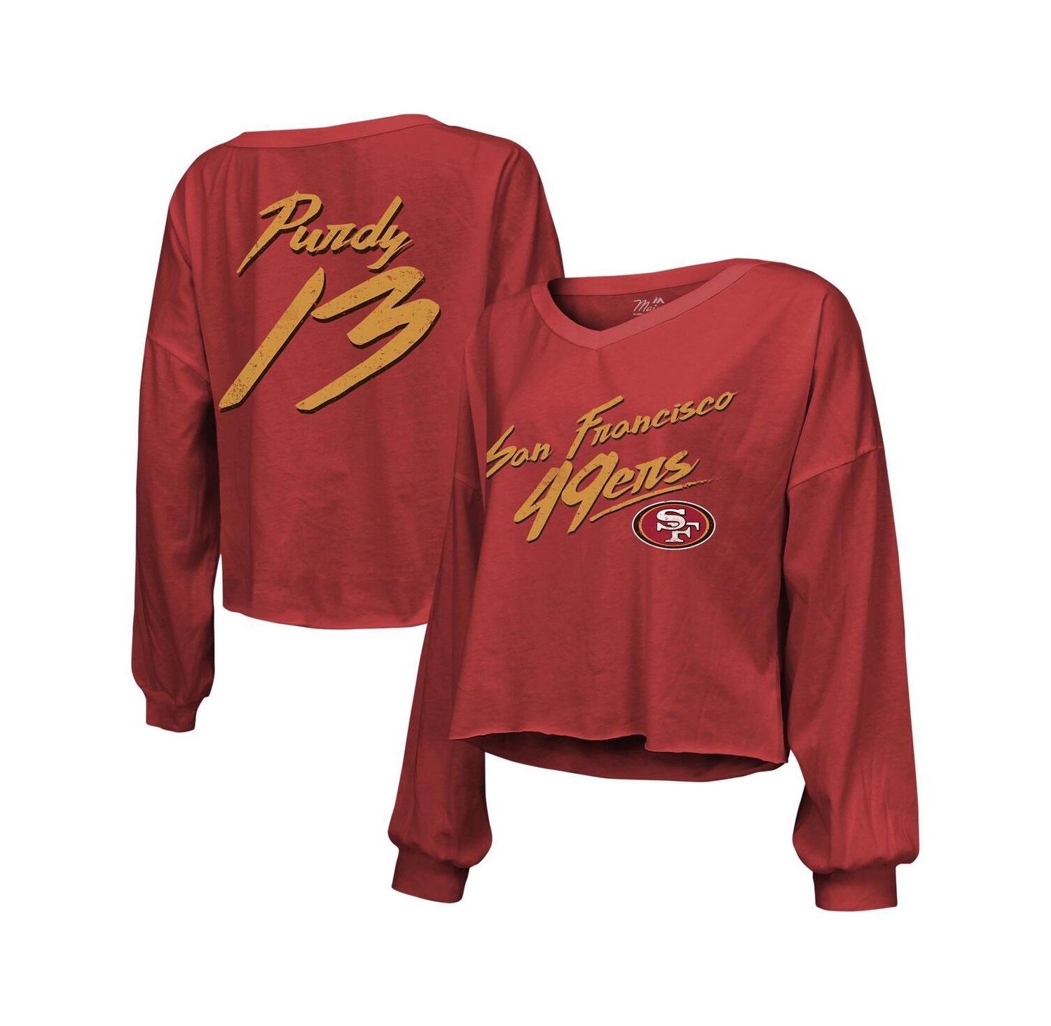 Women's Threads Brock Purdy Scarlet Distressed San Francisco 49ers Name and Number Script Off-Shoulder Cropped Long Sleeve T-shirt