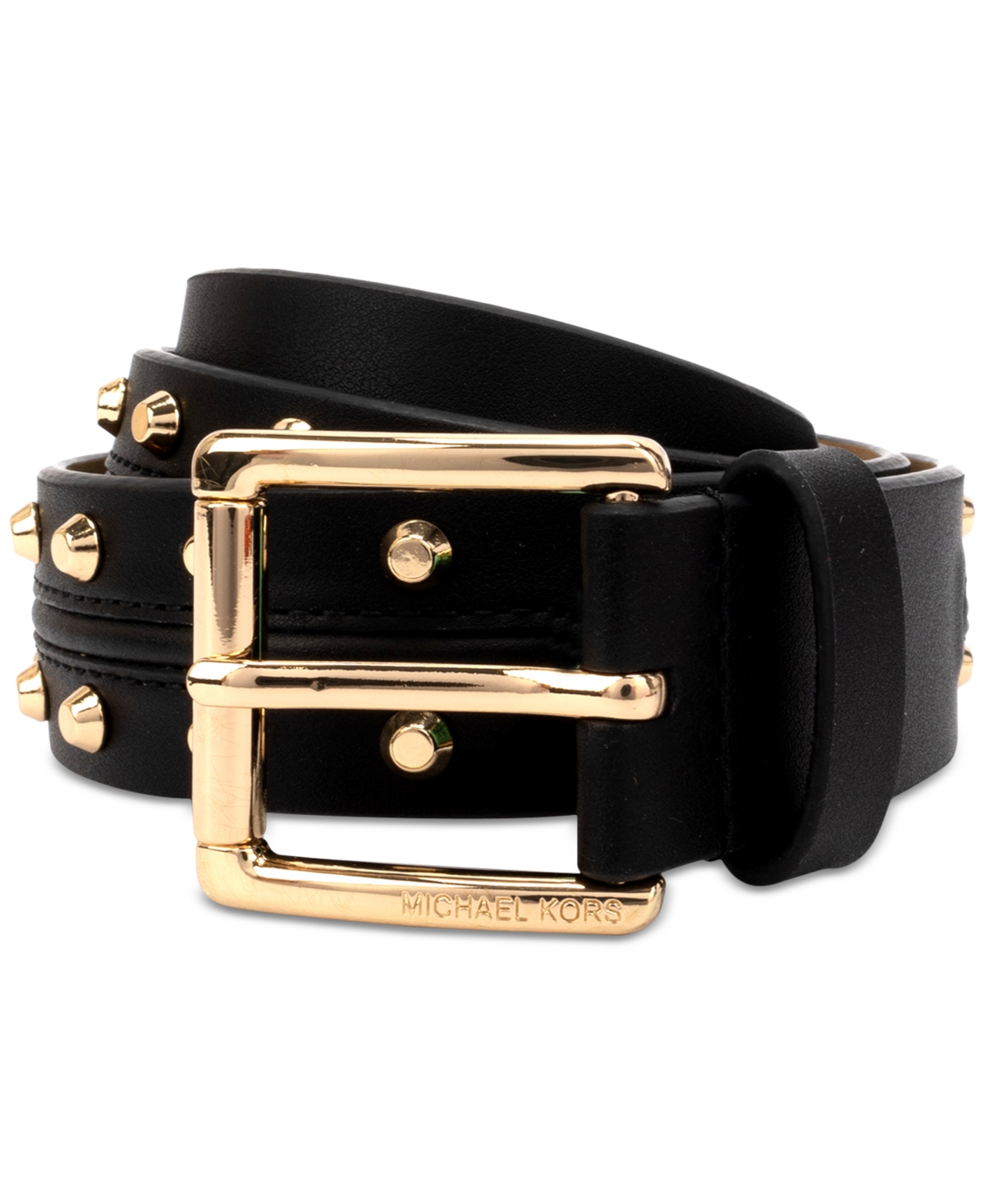 Michael Kors Michael  Women's Astor Studded Leather Belt In Black,gold