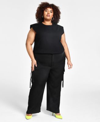Trendy Plus Size Studded Muscle T Shirt Satin Cargo Pants