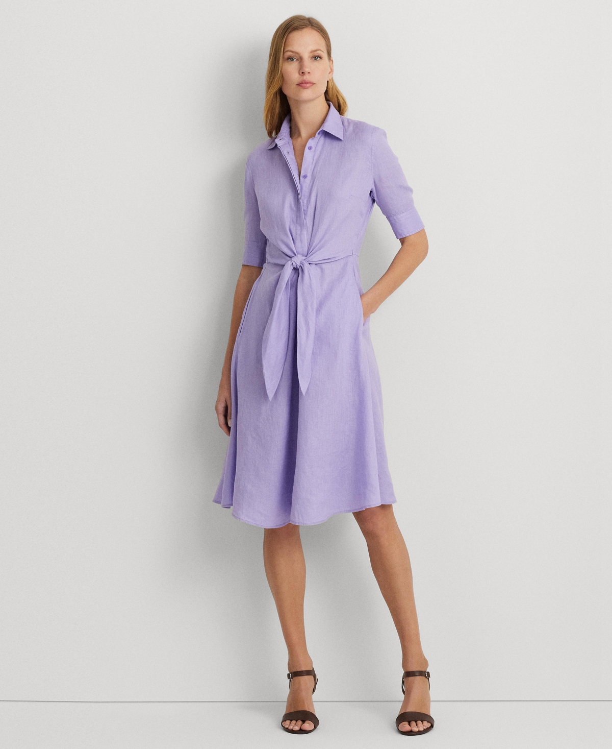 Ralph Lauren Tie-front Linen Shirtdress In Wild Lavender