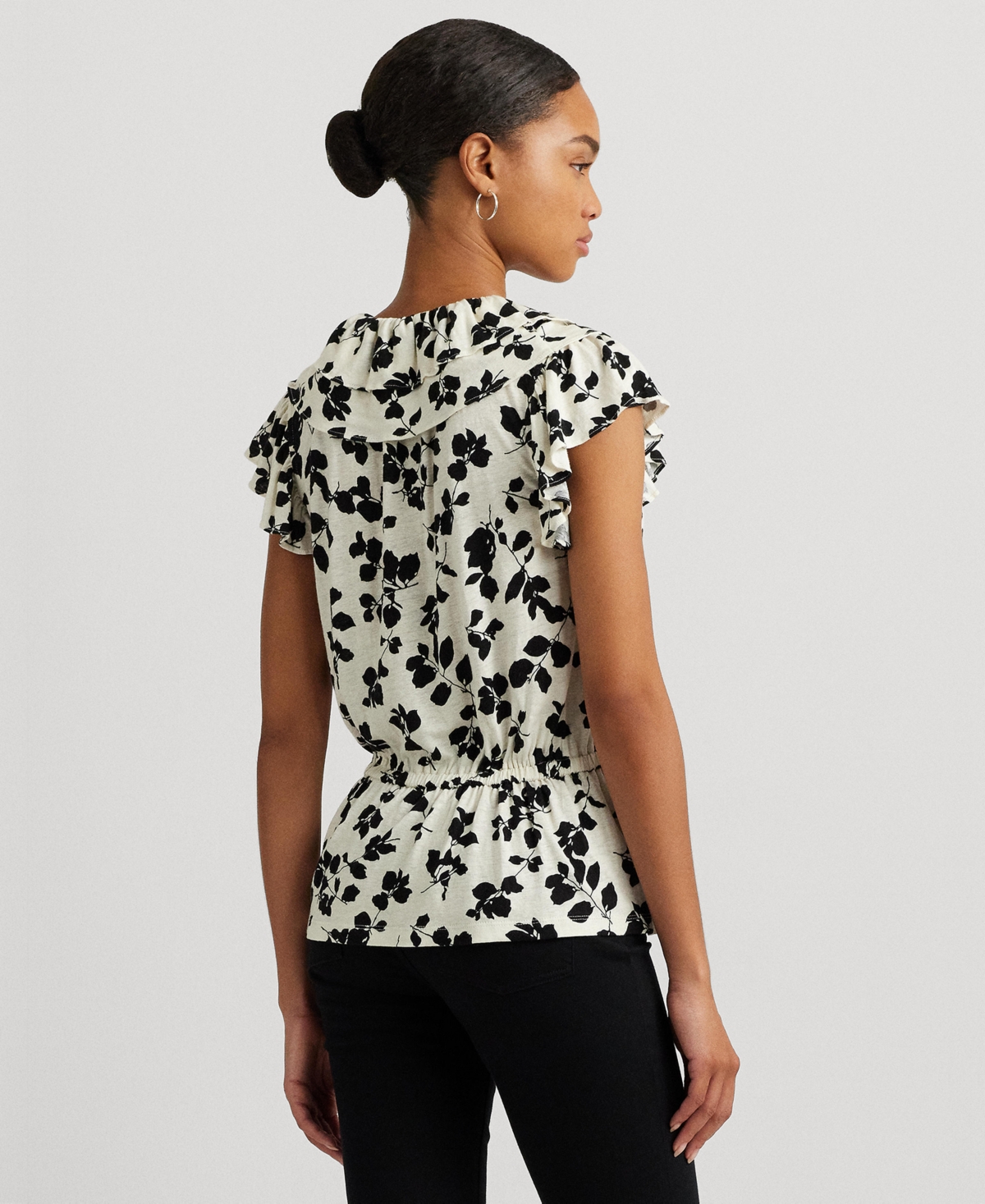 Shop Lauren Ralph Lauren Women's Flutter-sleeve Peplum Top In Cream,black