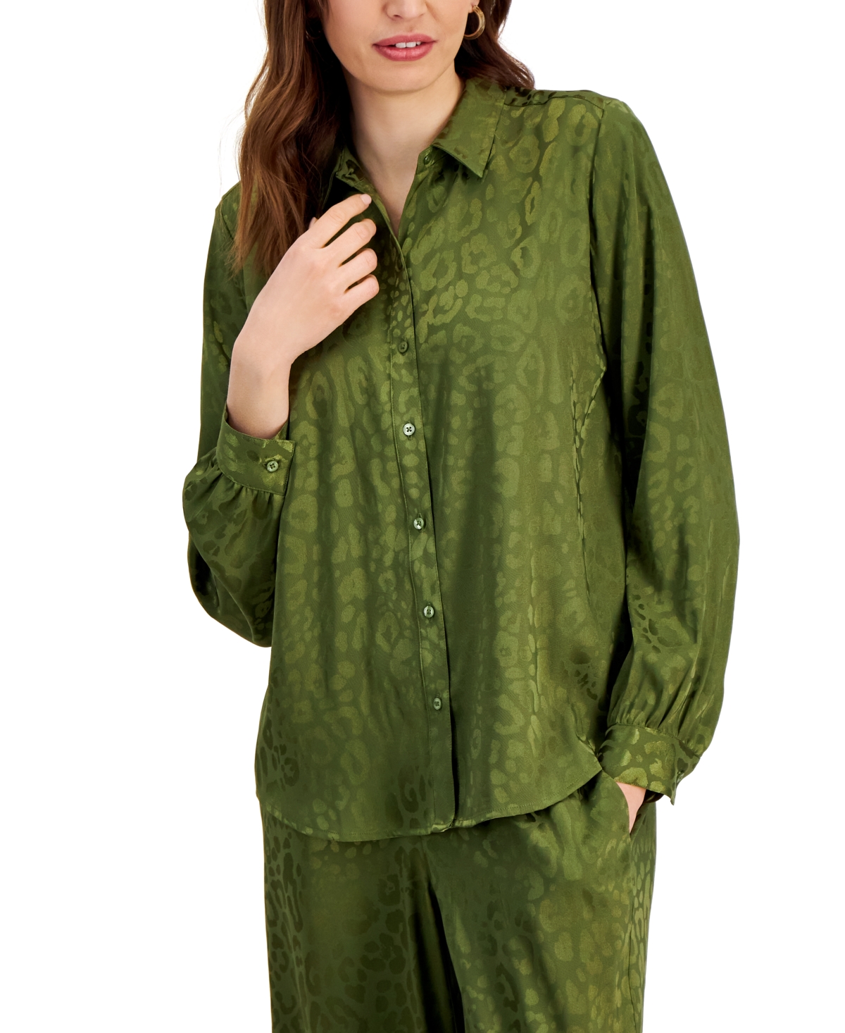 Shop Jm Collection Women's Satin Long Sleeve Button-front Shirt, Created For Macy's In New Avocado