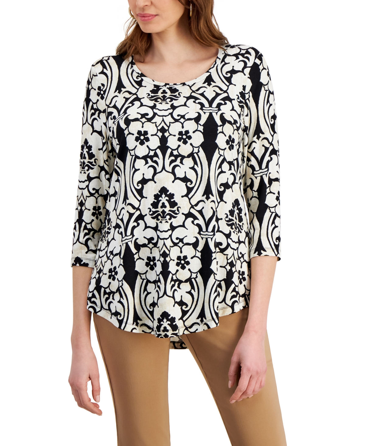 Shop Jm Collection Women's Printed Knit 3/4-sleeve Top, Created For Macy's In White Scrolls