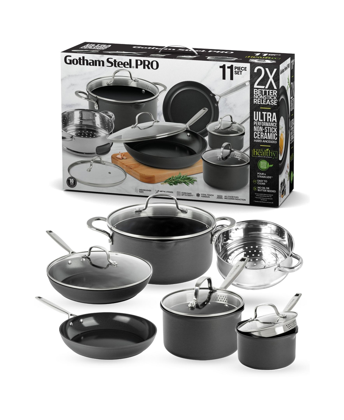 Gotham Steel Professional 2x Hard Anodized Ultra Ceramic 11-piece Cookware Set In Brown