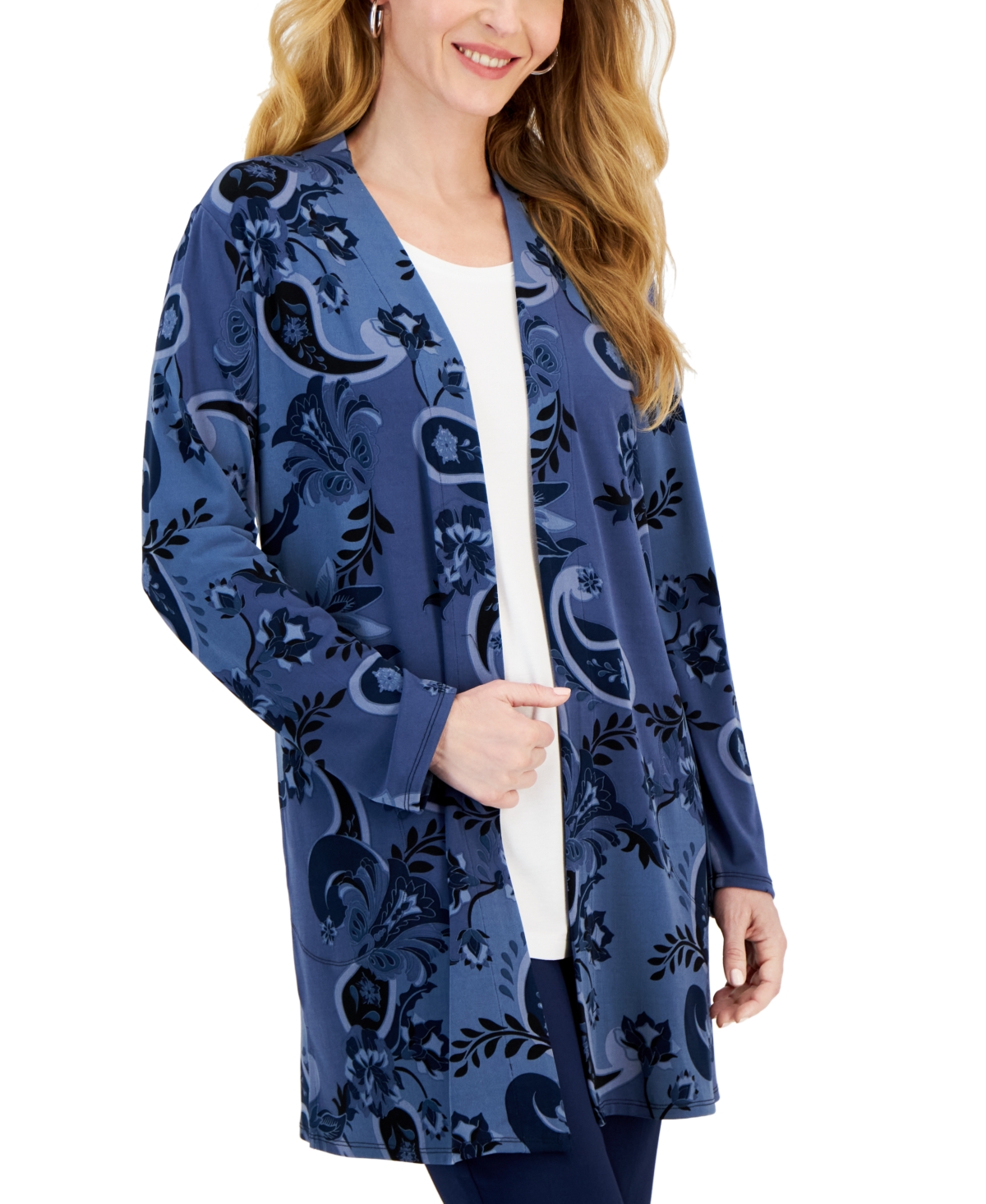 Shop Jm Collection Women's Printed Open Front Cardigan, Created For Macy's In Intrepid Blue Combo