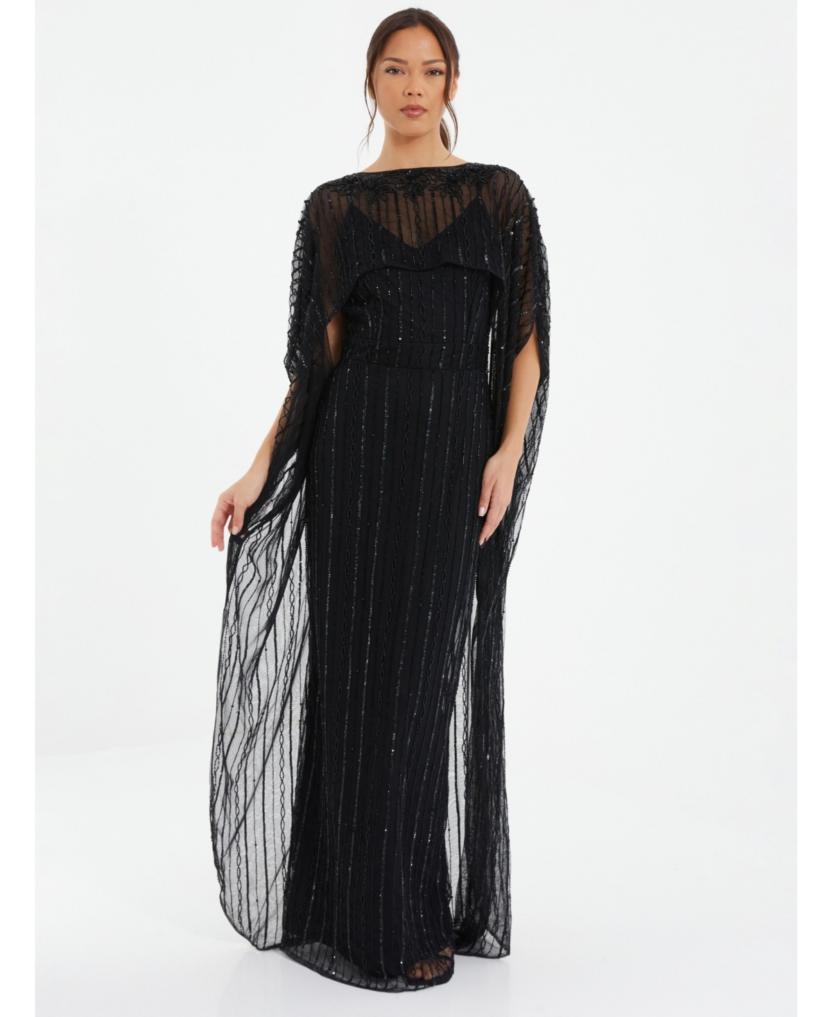 Women's Embelleshed Mesh Evening Dress With Detachable Cape - Black
