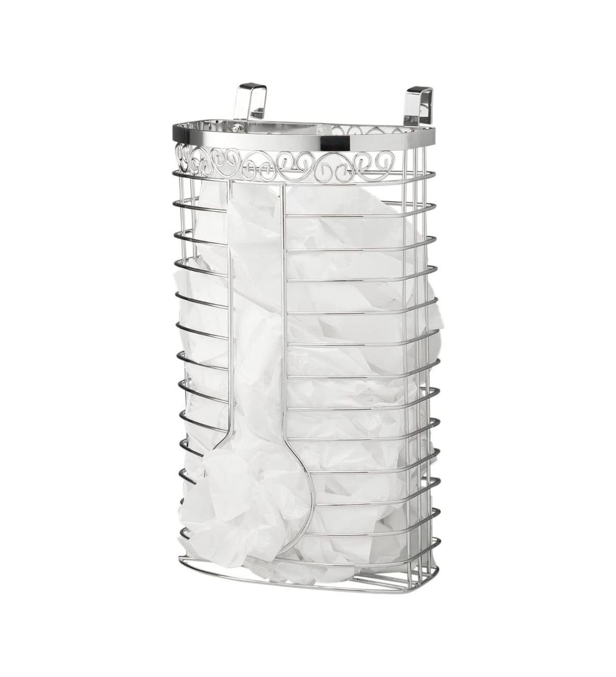 Plastic Bag Storage Holder in Chrome - Over the Cabinet Kitchen Organizer or Wall Mount Grocery Bag Storage Easy-access Openings - Silver