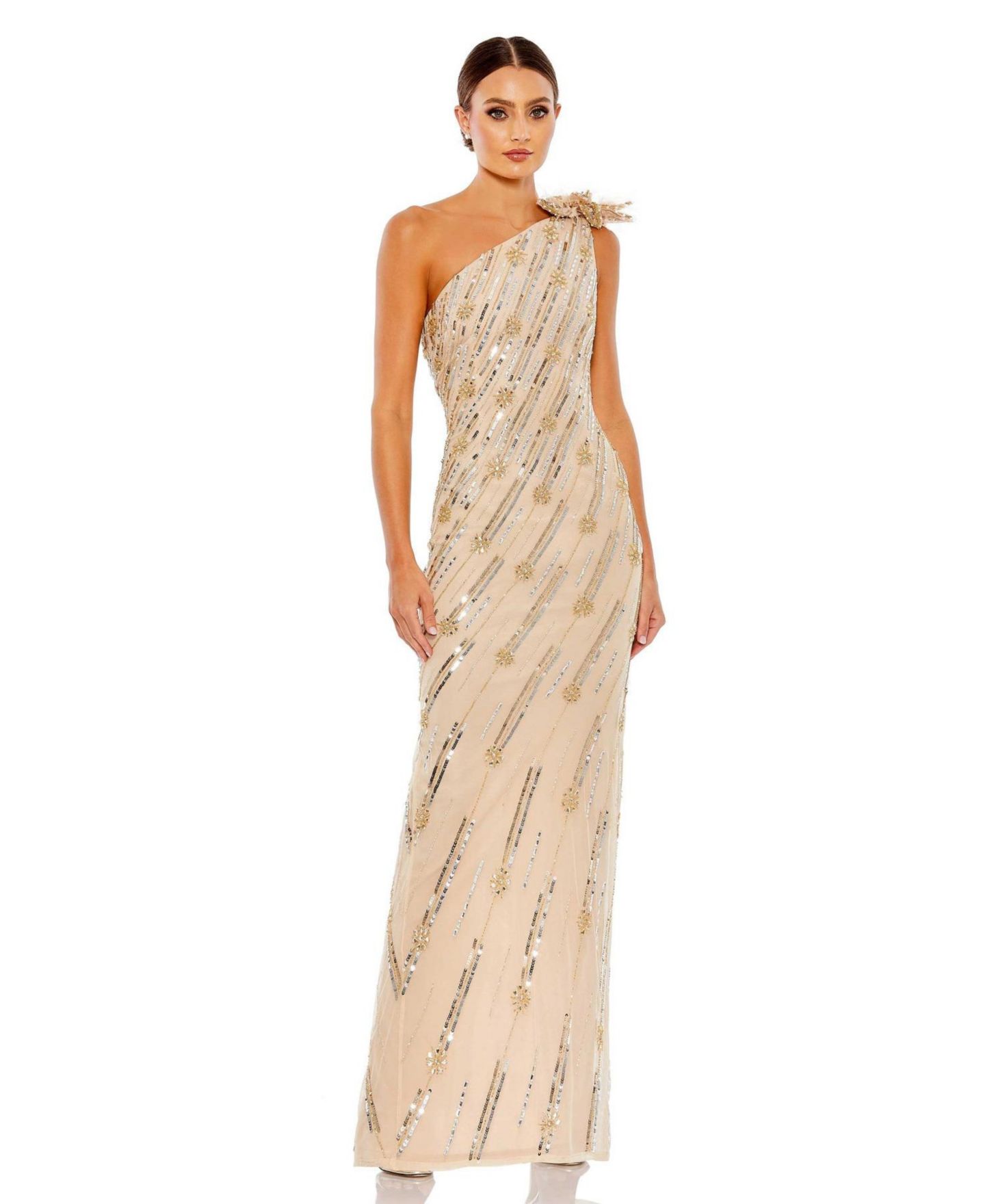 Женские платья Mac Duggal Embellished Floral Detail One Shoulder Gown, цвет: Телесный золотой — фото 1