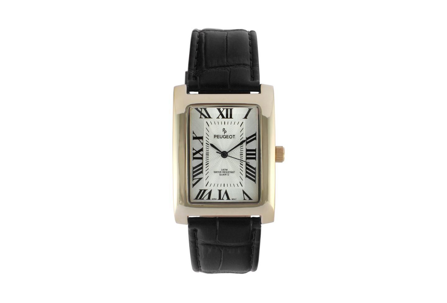 Мужские часы Peugeot 43x30 mm Black Vintage Like Tank Leather Strap Watch, цвет: Чёрный — фото 1