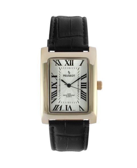 Мужские часы Peugeot 43x30 mm Black Vintage Like Tank Leather Strap Watch, цвет: Чёрный