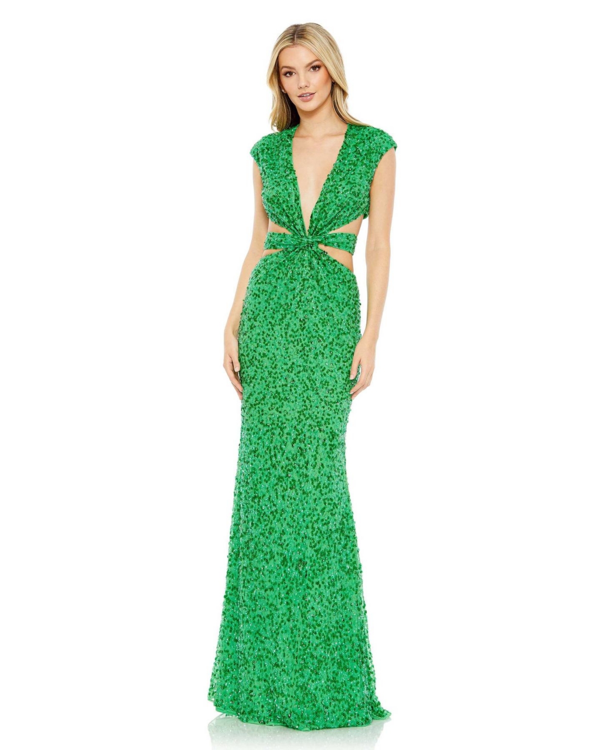 Women's Sequined Cap Sleeveless Plunge Neck Cut Out Gown - Spring green