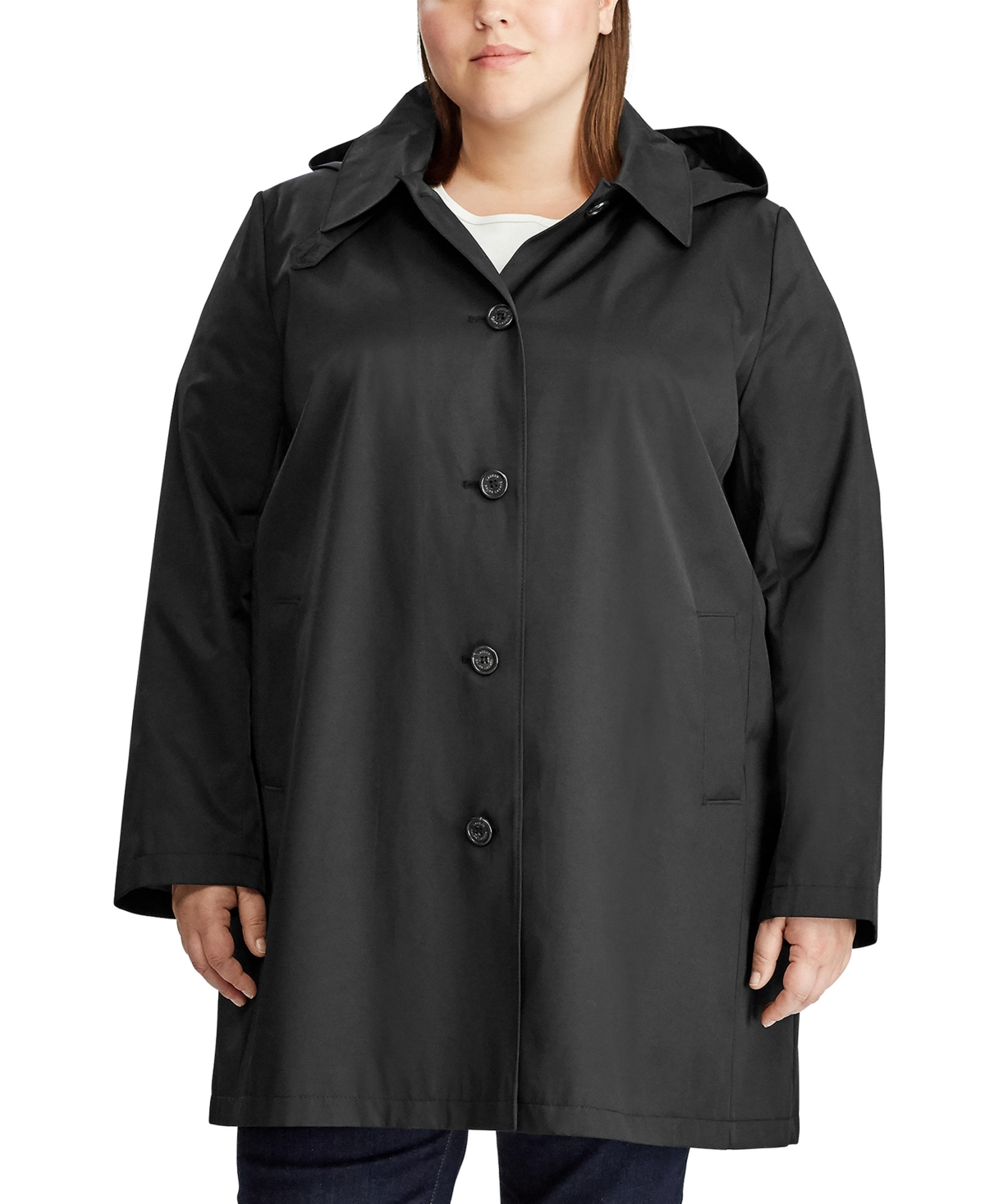 Shop Lauren Ralph Lauren Plus Size Hooded Raincoat In Black
