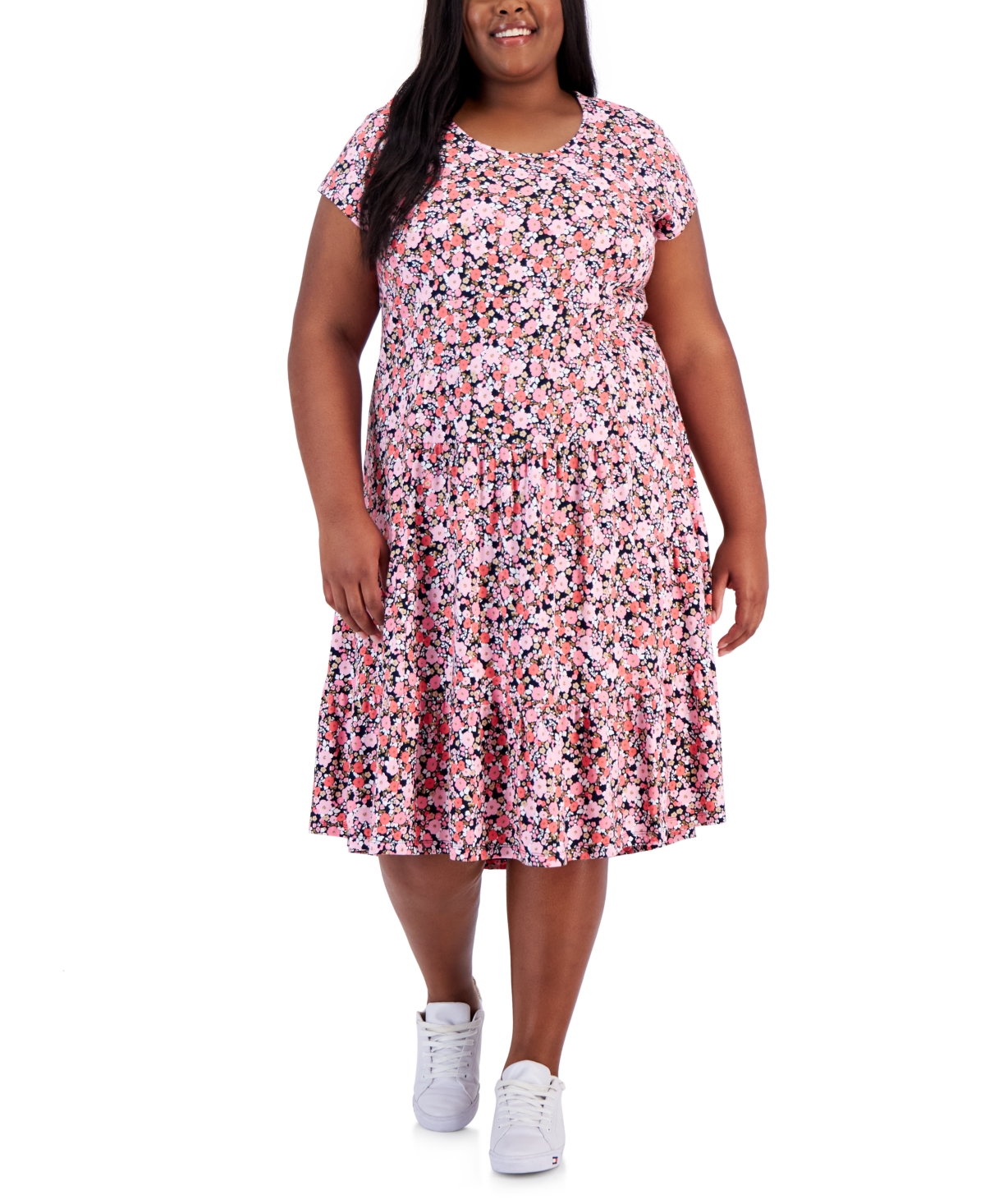 Shop Tommy Hilfiger Plus Size Floral-print Tiered Midi Dress In Sky Captain,peony