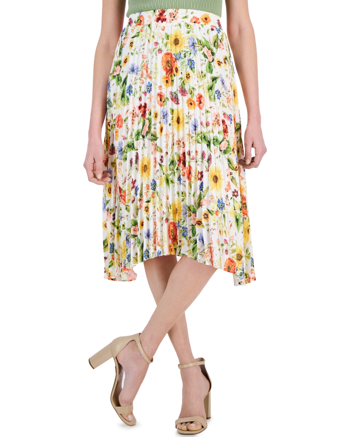 Shop T Tahari Women's Floral-printed Pull-on Pleated Midi Skirt In Sunray Garden White Star