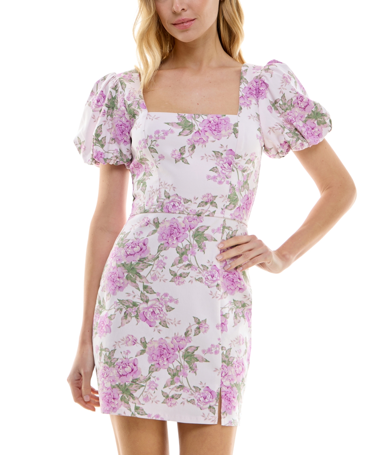 Juniors' Puff-Sleeve Printed Bodycon Dress - Pink Floral