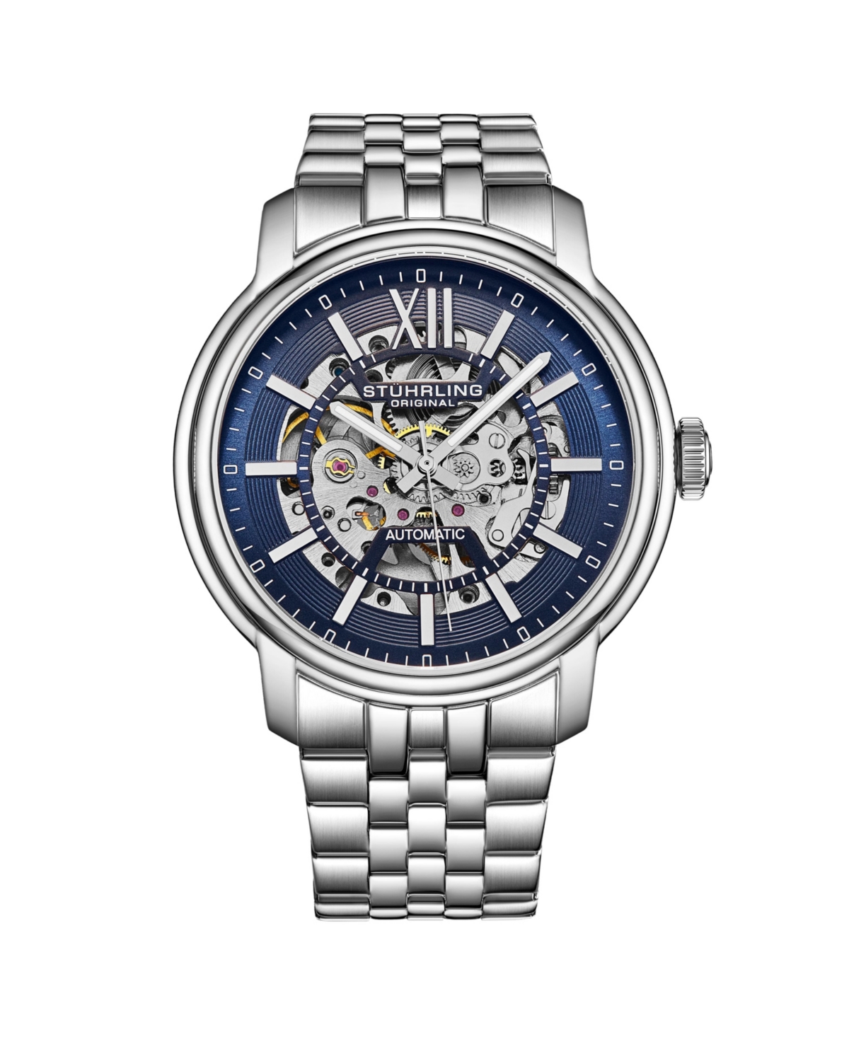 Men's Automatic Watch, Silver Tone Case on Five Row Brushed and Polished Silver Tone Bracelet, Blue Skeletonized Dial, with Silver Tone Accents - Blue