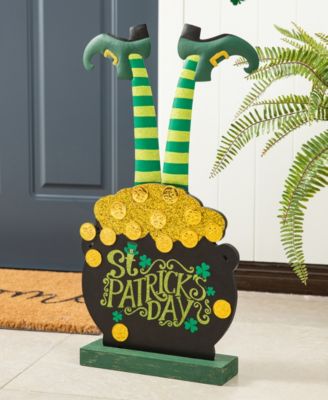 24" H Wooden St. Patrick's Leprechaun Pot of Gold-Tone Porch Decor