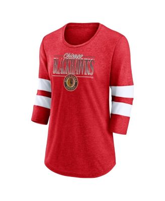 Women's Heathered Red, White Distressed Chicago Blackhawks Full Shield 3/4-Sleeve Tri-Blend Raglan Scoop Neck T-shirt