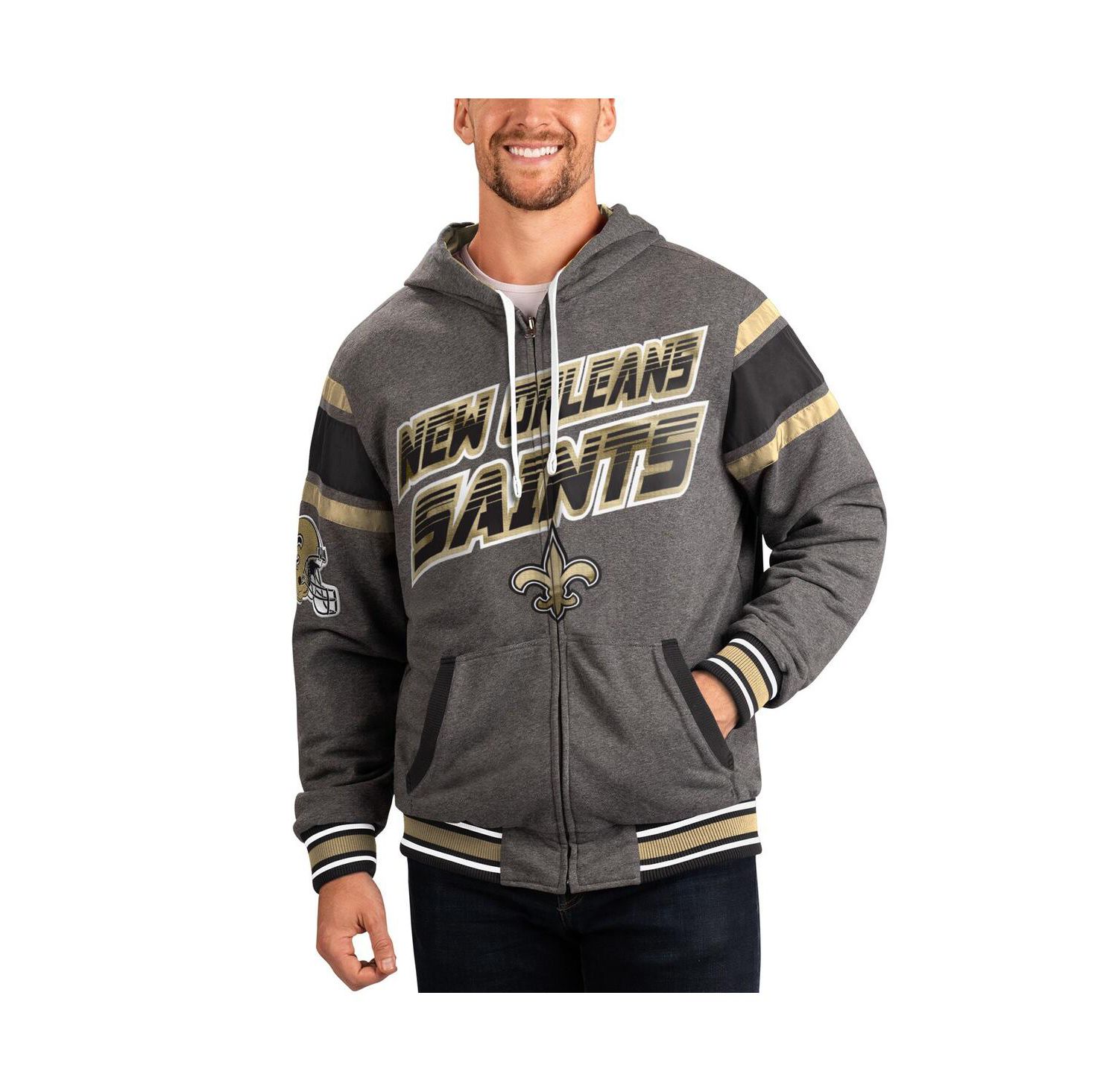 Men's Gray, Black New Orleans Saints Extreme Full Back Reversible Hoodie Full-Zip Jacket
