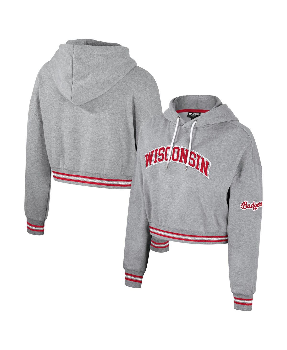 Women's The Wild Collective Heather Gray Distressed Wisconsin Badgers Cropped Shimmer Pullover Hoodie - Heather Gray